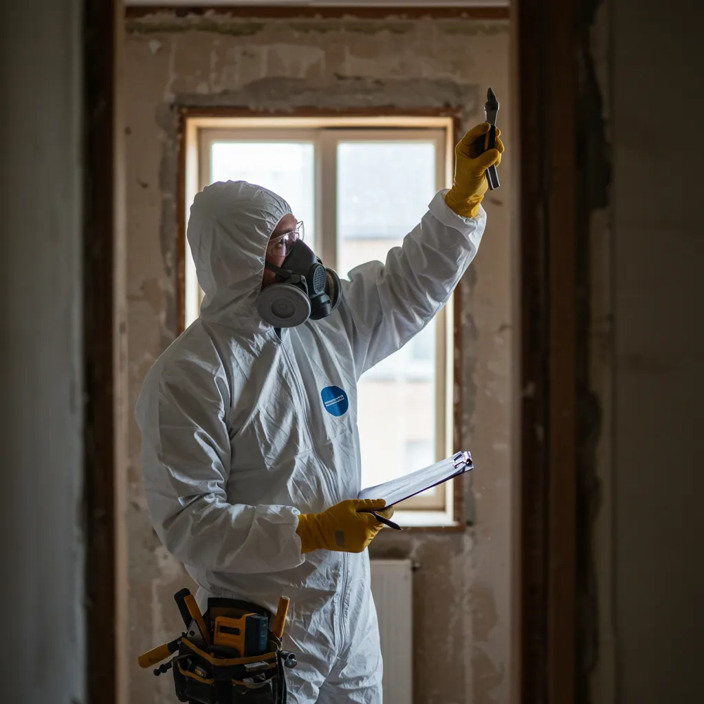 Diagnostiqueur certifié en combinaison de protection inspectant une cloison intérieure suspecte dans une maison ancienne