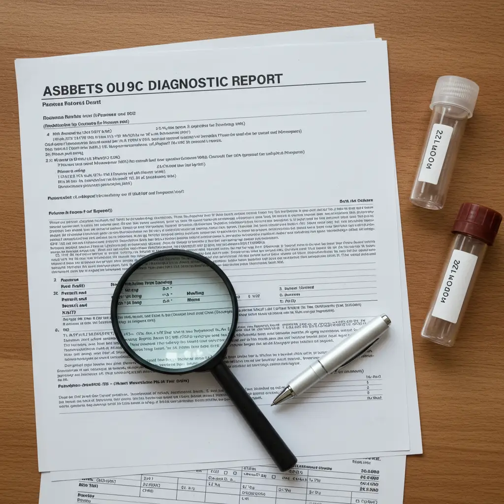 Documents de diagnostic amiante et prélèvements d'échantillons posés sur un bureau lors d'une expertise immobilière
