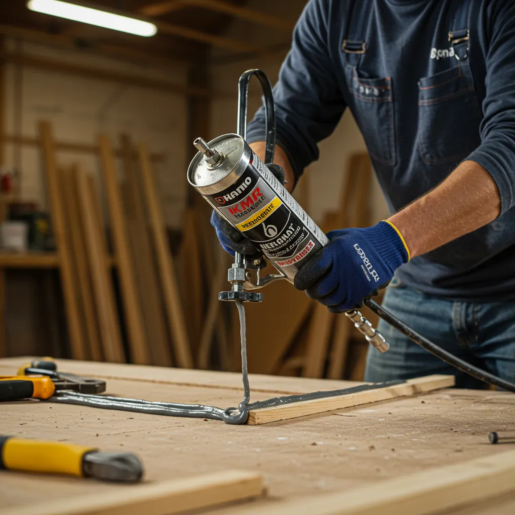 Application d'une colle mastic polyuréthane souple sur bois — alternative professionnelle au MAP pour le collage sur supports organiques