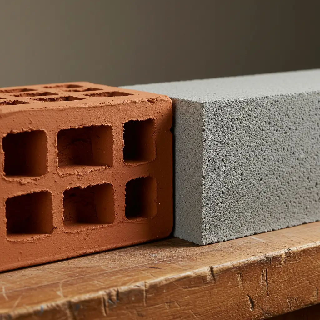 Gros plan comparatif d'une brique de terre cuite alvéolée et d'un parpaing béton gris, mettant en évidence leurs textures et structures internes différentes