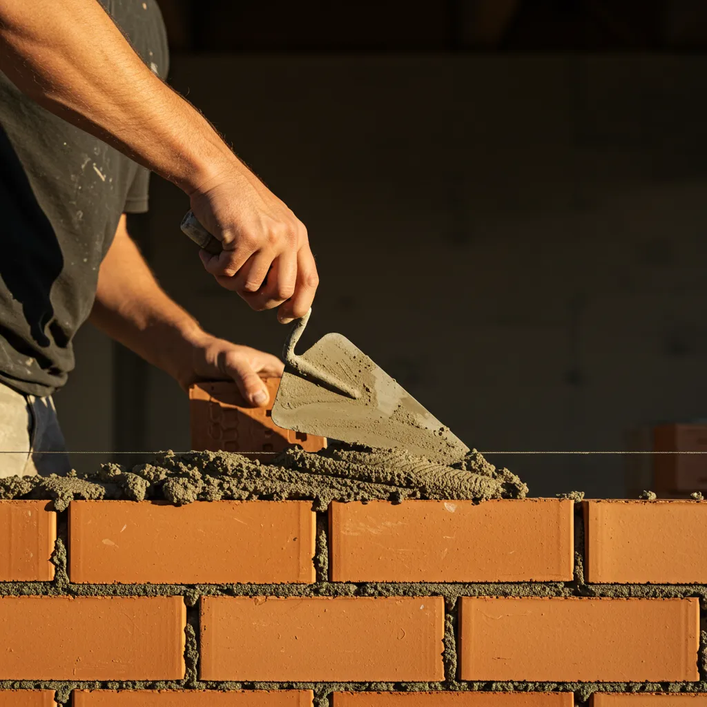 Maçon posant des briques isolantes à joint mince sur le mur d'une maison individuelle en construction, technique de pose moderne