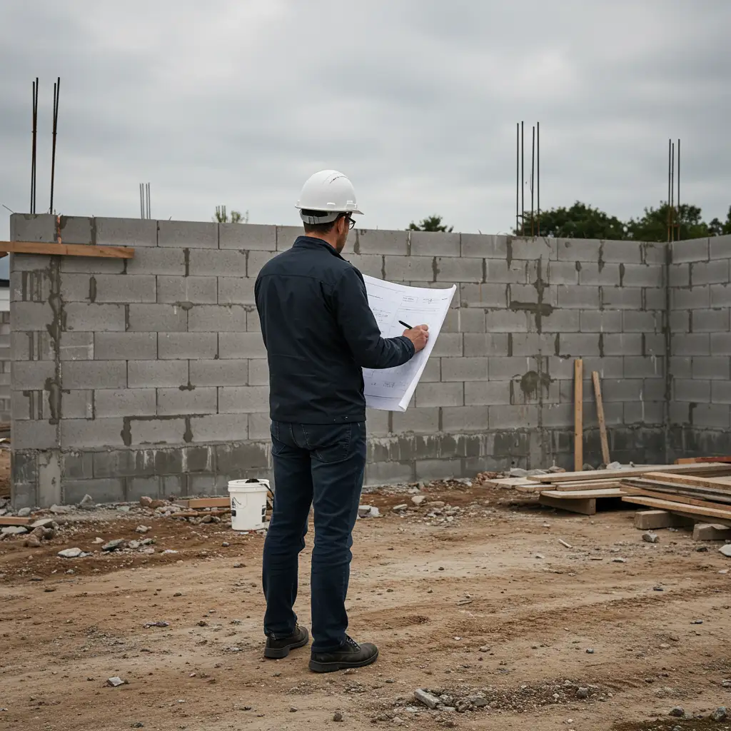 Professionnel du bâtiment analysant les plans de construction devant un mur en parpaing en cours d'édification sur un chantier de maison individuelle