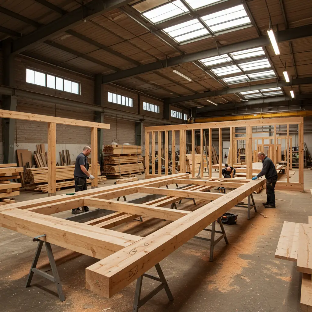 Atelier de fabrication d'ossatures bois avec assemblage de panneaux en bois certifiés français