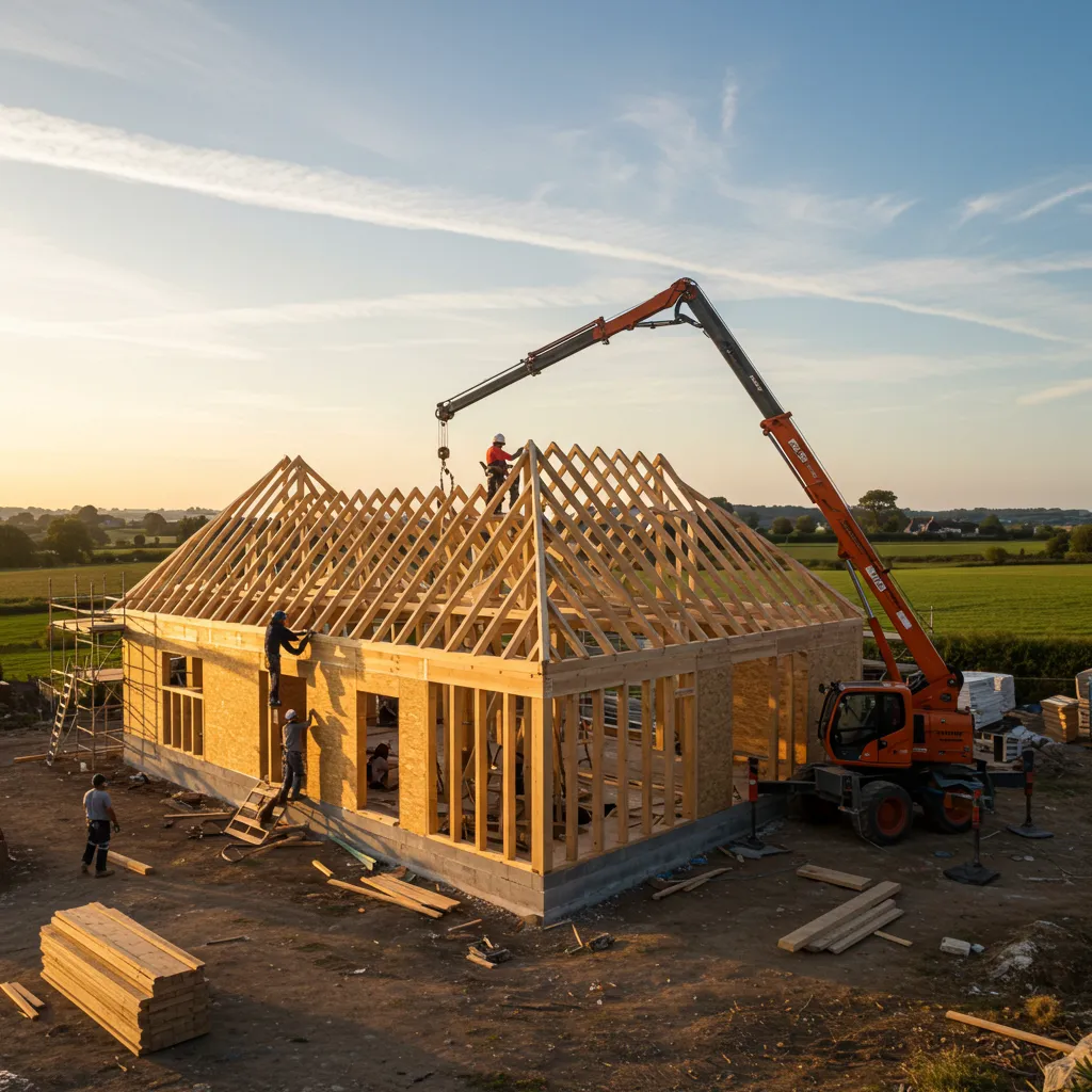 Chantier de montage d'une maison ossature bois en Normandie avec pose des panneaux préfabriqués