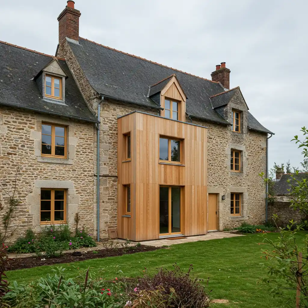 Extension en ossature bois accolée à une maison ancienne en pierre normande, alliance du moderne et du traditionnel