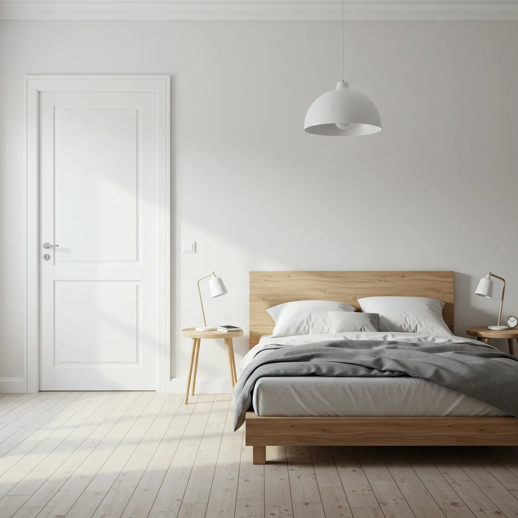 Chambre lumineuse aux murs fraîchement peints en finition mate blanche, résultat final d'une rénovation intérieure à petit budget