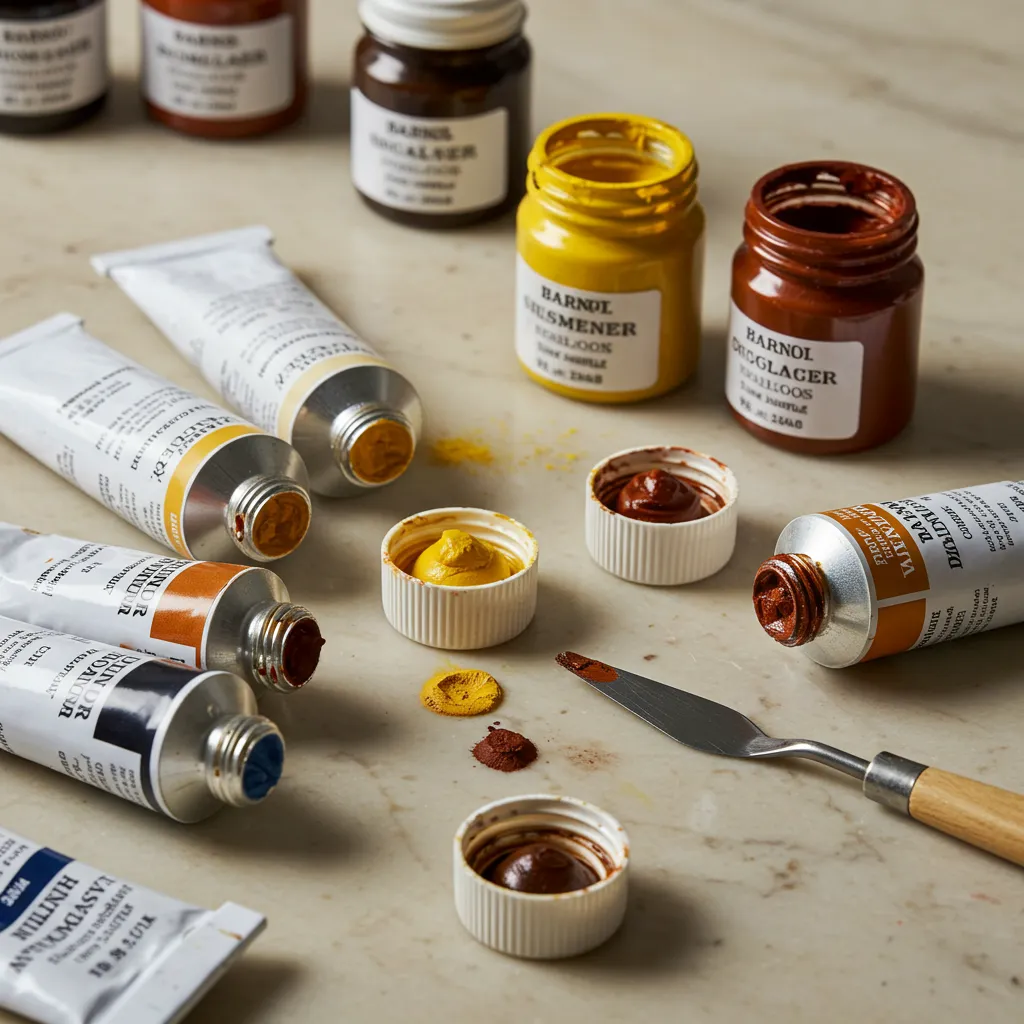 Tubes de pigments et petits pots de peinture en blanc, jaune ocre, terre de Sienne et terre d'ombre disposés sur un plan de travail en marbre clair