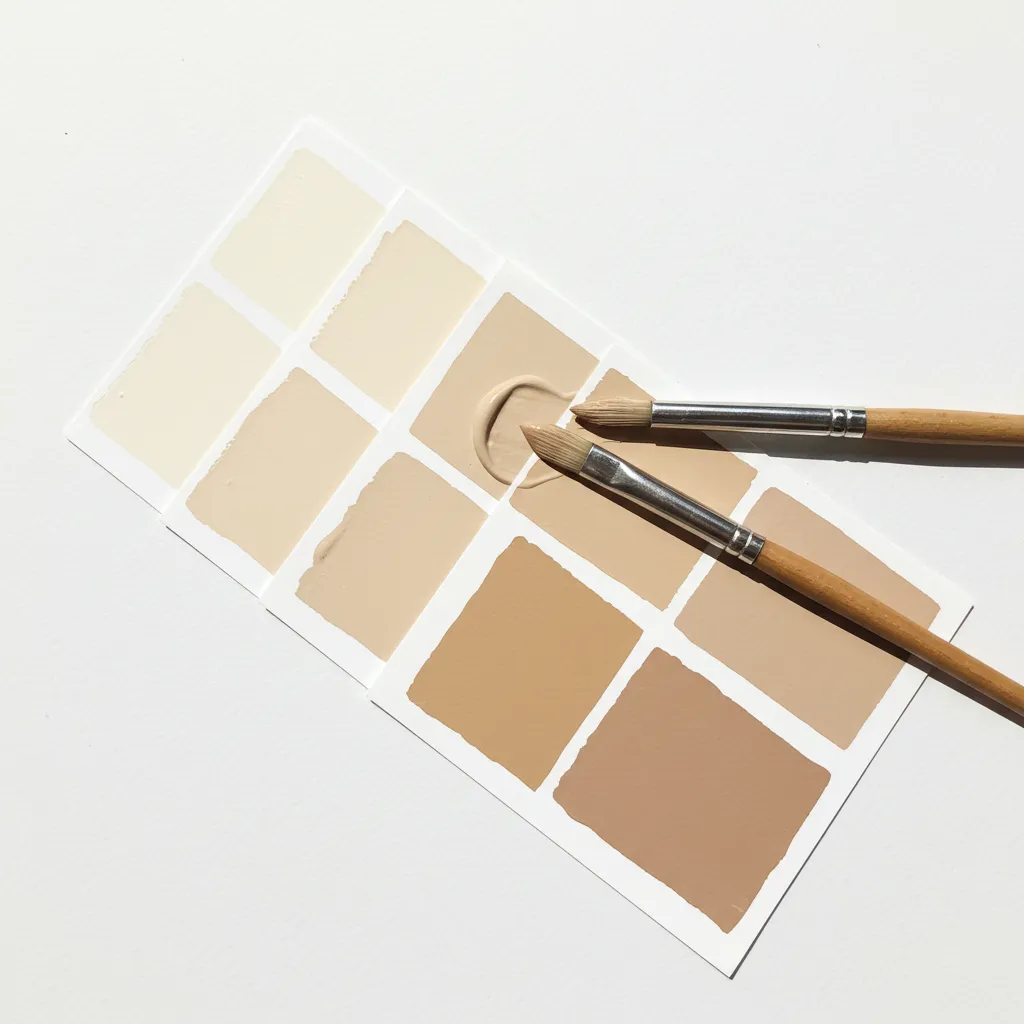 Série d'échantillons de peinture beige peints à la main sur carton blanc, du beige clair au beige taupe foncé, disposés en dégradé