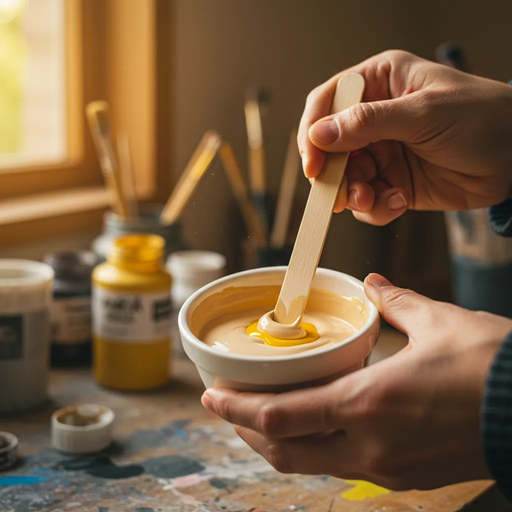 Mains mélangeant de la peinture beige dans un bol en céramique blanche avec un bâton en bois, ajout progressif de pigment jaune