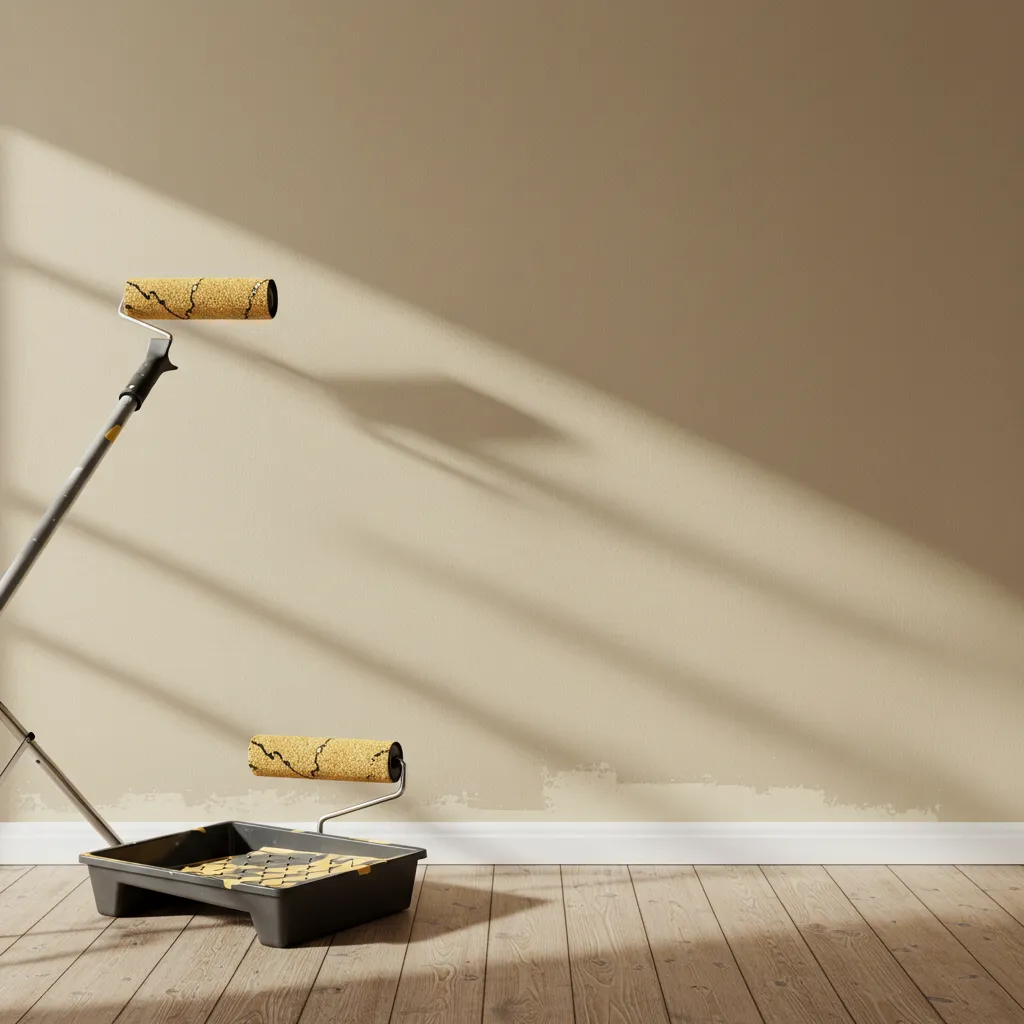 Section de mur intérieur fraîchement peint en beige chaud avec un rouleau et un bac à peinture au premier plan, lumière naturelle douce