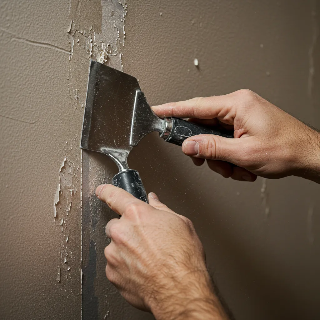 Mains d'un artisan utilisant un grattoir métallique pour décaper une peinture craquelée sur un mur