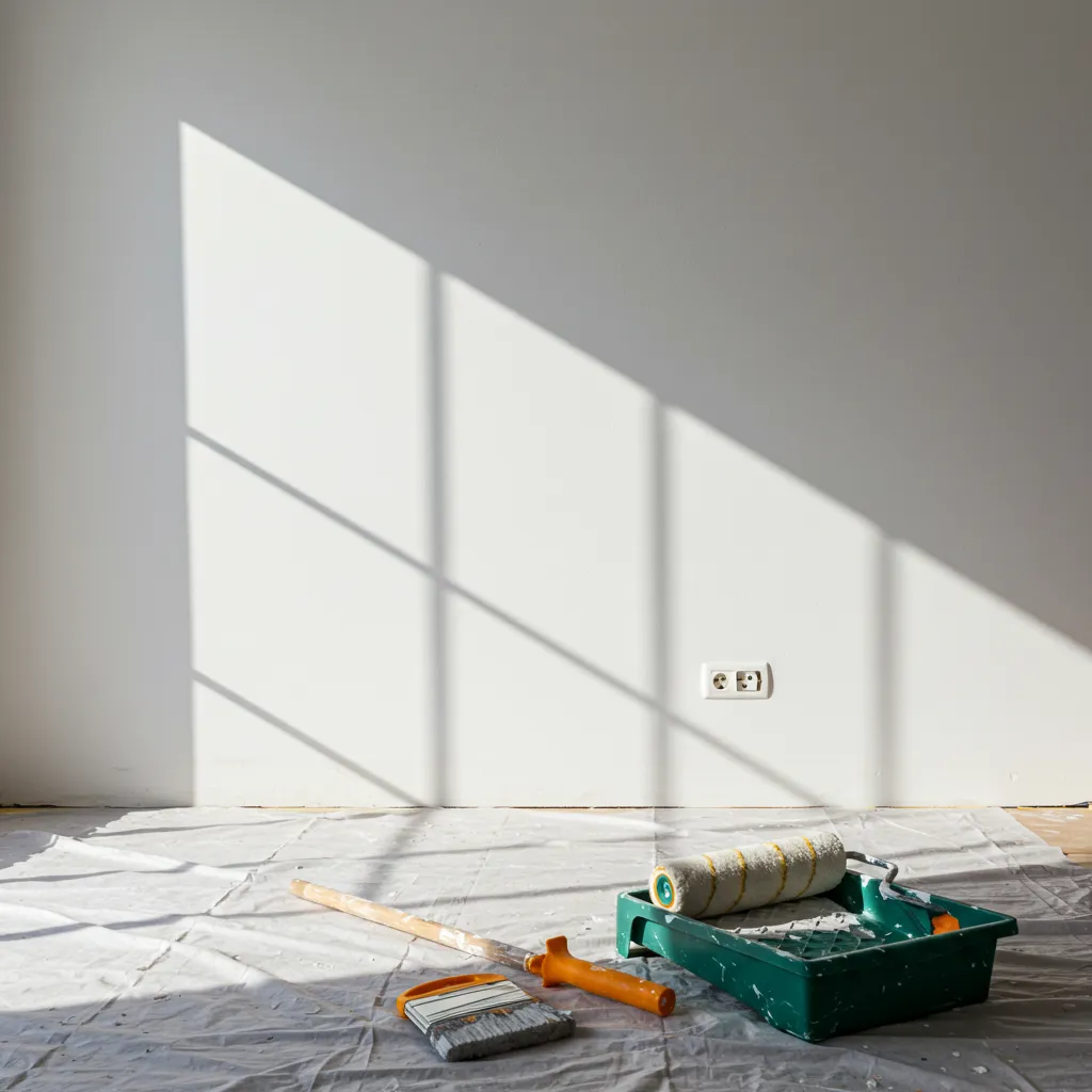 Mur intérieur fraîchement peint avec surface lisse et outils de peinture au premier plan illustrant une application correcte
