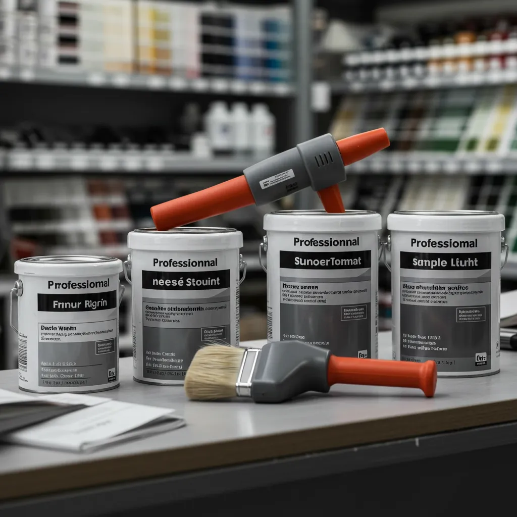 Comptoir d'une enseigne de peinture professionnelle avec des pots de peinture et un système de teintage à la demande