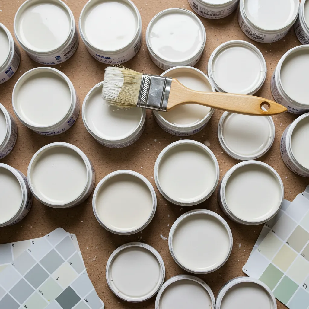 Vue de dessus de pots de peinture ouverts et d'échantillons de teintes disposés sur un établi de peintre professionnel
