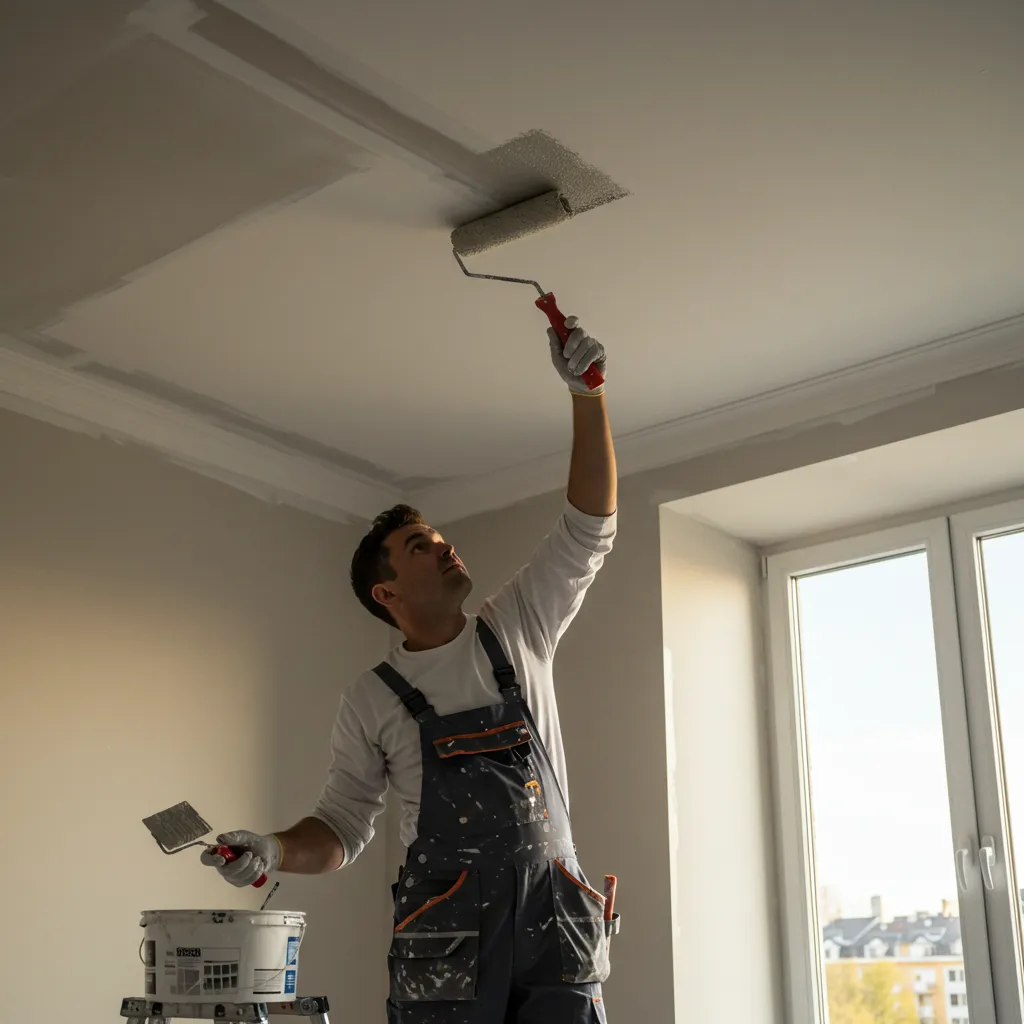 Peintre professionnel appliquant une peinture haut de gamme au plafond d'un appartement rénové, vue en contre-plongée