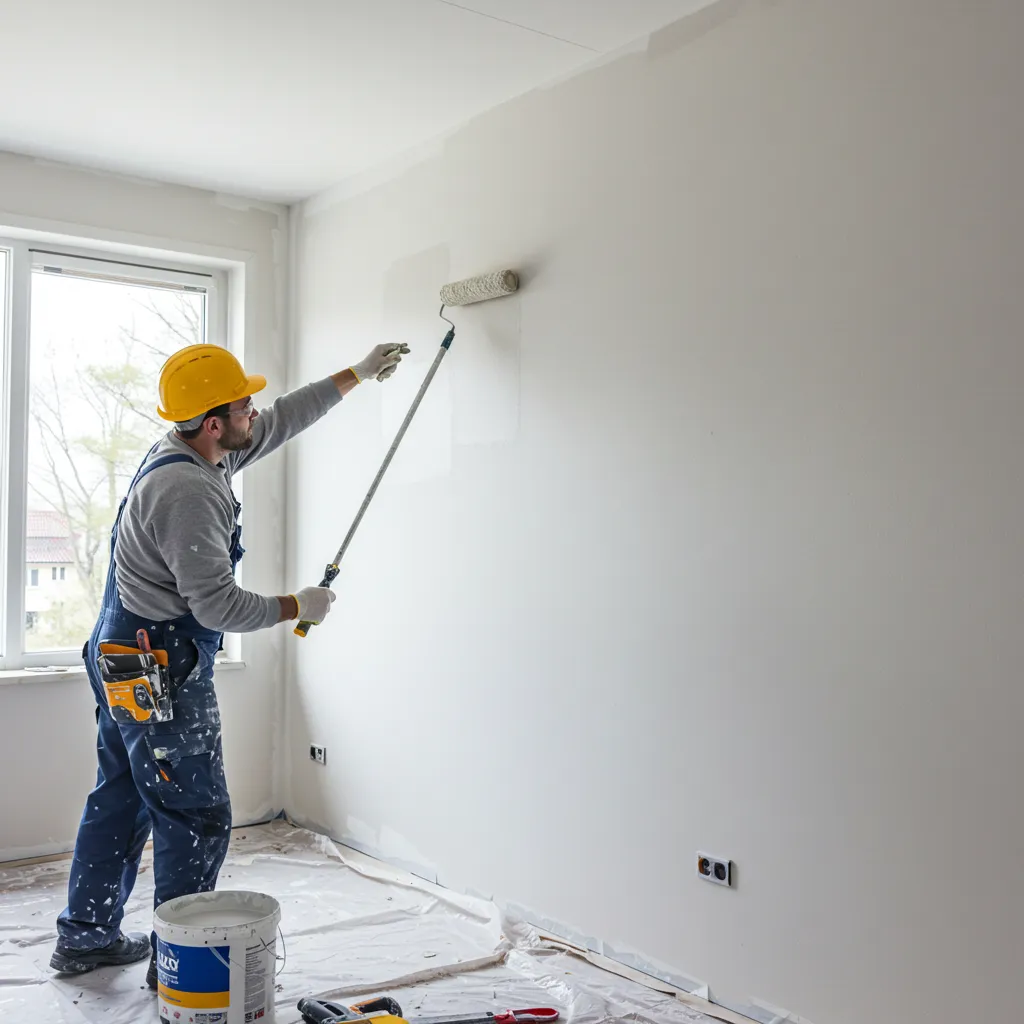 Artisan peintre appliquant une peinture mate haut de gamme sur un mur intérieur avec un rouleau professionnel