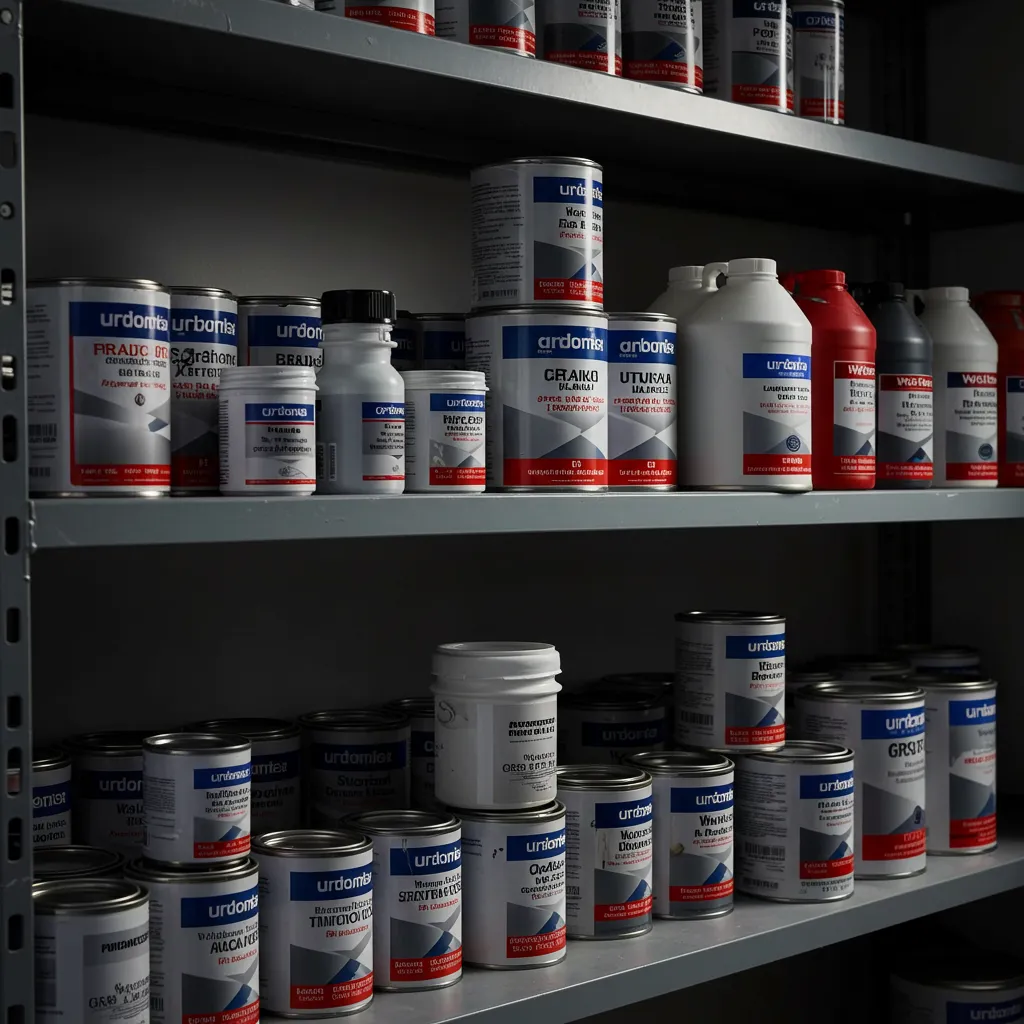 Gamme de pots de peinture professionnelle organisés sur une étagère d'atelier, représentant la diversité des références disponibles pour artisans