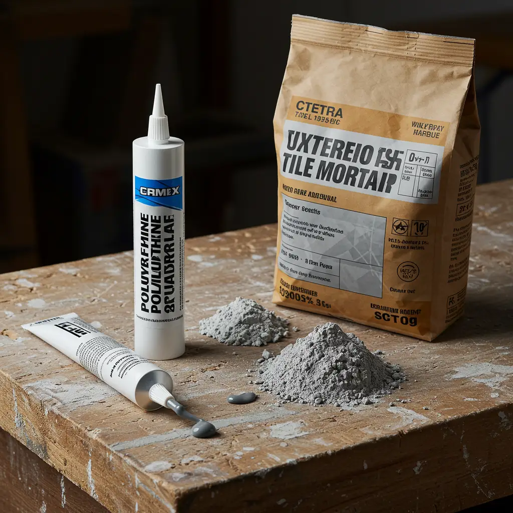 Comparaison de produits de collage : mastic-colle polyuréthane, mortier-colle extérieur et ciment ordinaire disposés côte à côte sur un établi