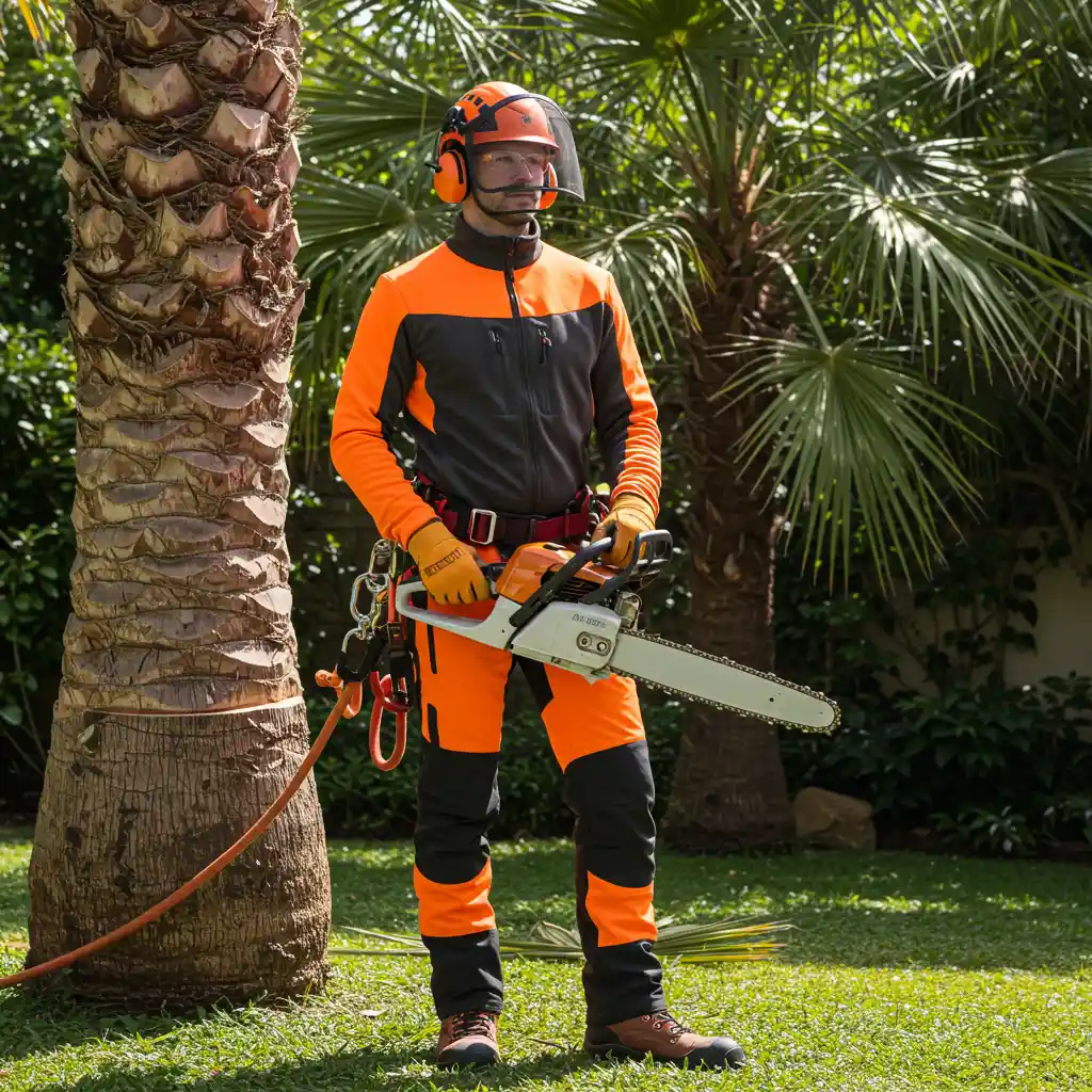 Élagueur professionnel équipé de l'ensemble des équipements de protection individuelle — gants, casque, pantalon anti-coupures — avant une intervention de taille de palmier à la tronçonneuse