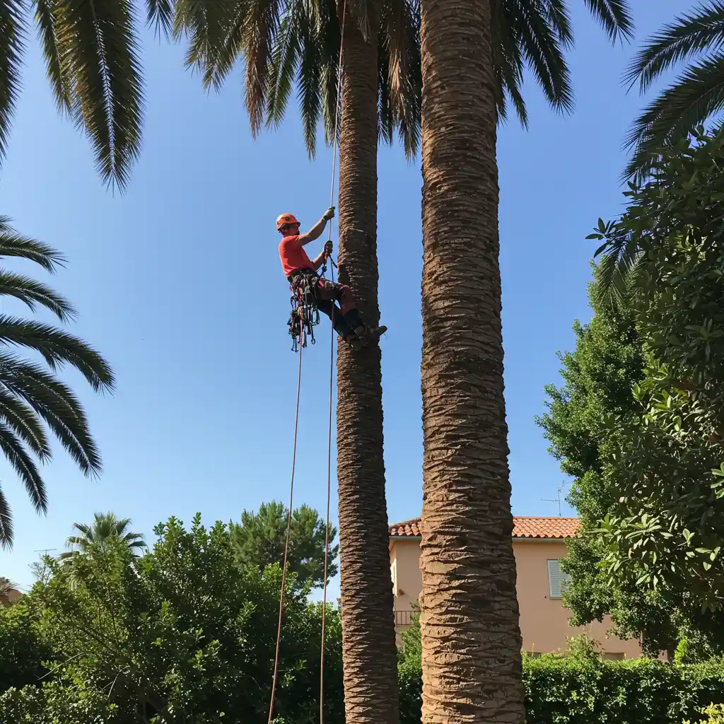 Élagueur professionnel grimpant en sécurité le long d'un grand palmier à l'aide d'un harnais homologué, illustrant les situations où faire appel à un spécialiste est indispensable