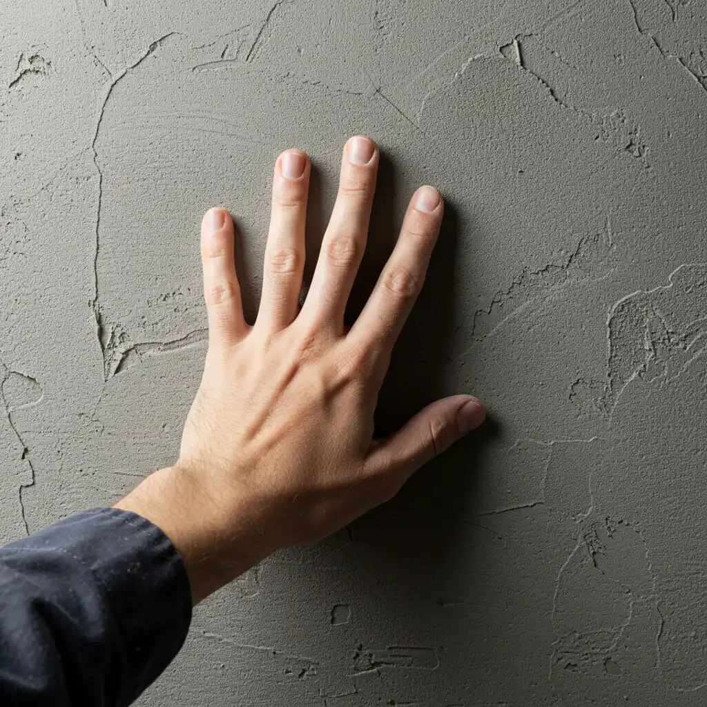 Test de friabilité d'un enduit gratté : main appuyée sur la surface rugueuse d'un mur pour vérifier la résistance du support avant pose de parement