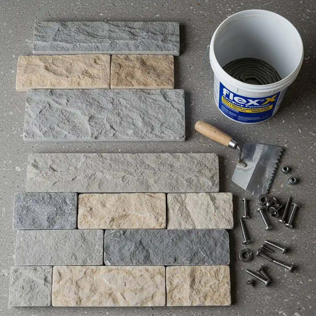 Matériaux pour la pose de parement pierre : plaquettes de pierre, colle flex, truelle crantée et fixations mécaniques inox disposés sur un établi