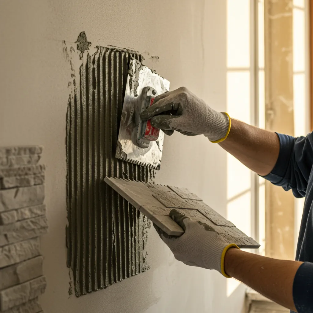 Application de colle flex en double encollage sur enduit gratté lors de la pose de plaquettes de pierre de parement, technique professionnelle à la truelle crantée