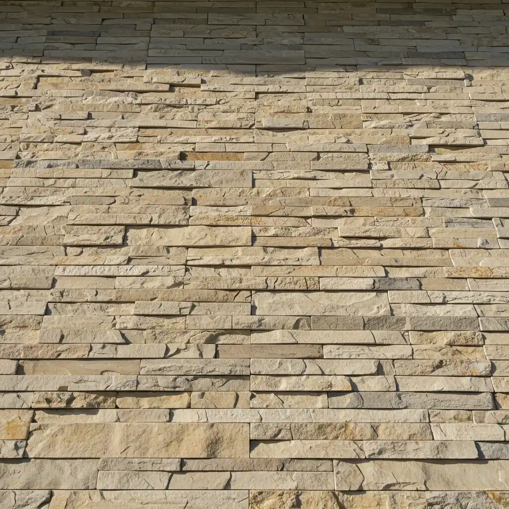 Résultat final d'une pose de pierre de parement sur façade enduite : mur extérieur entièrement habillé de plaquettes de pierre naturelle avec joints soignés