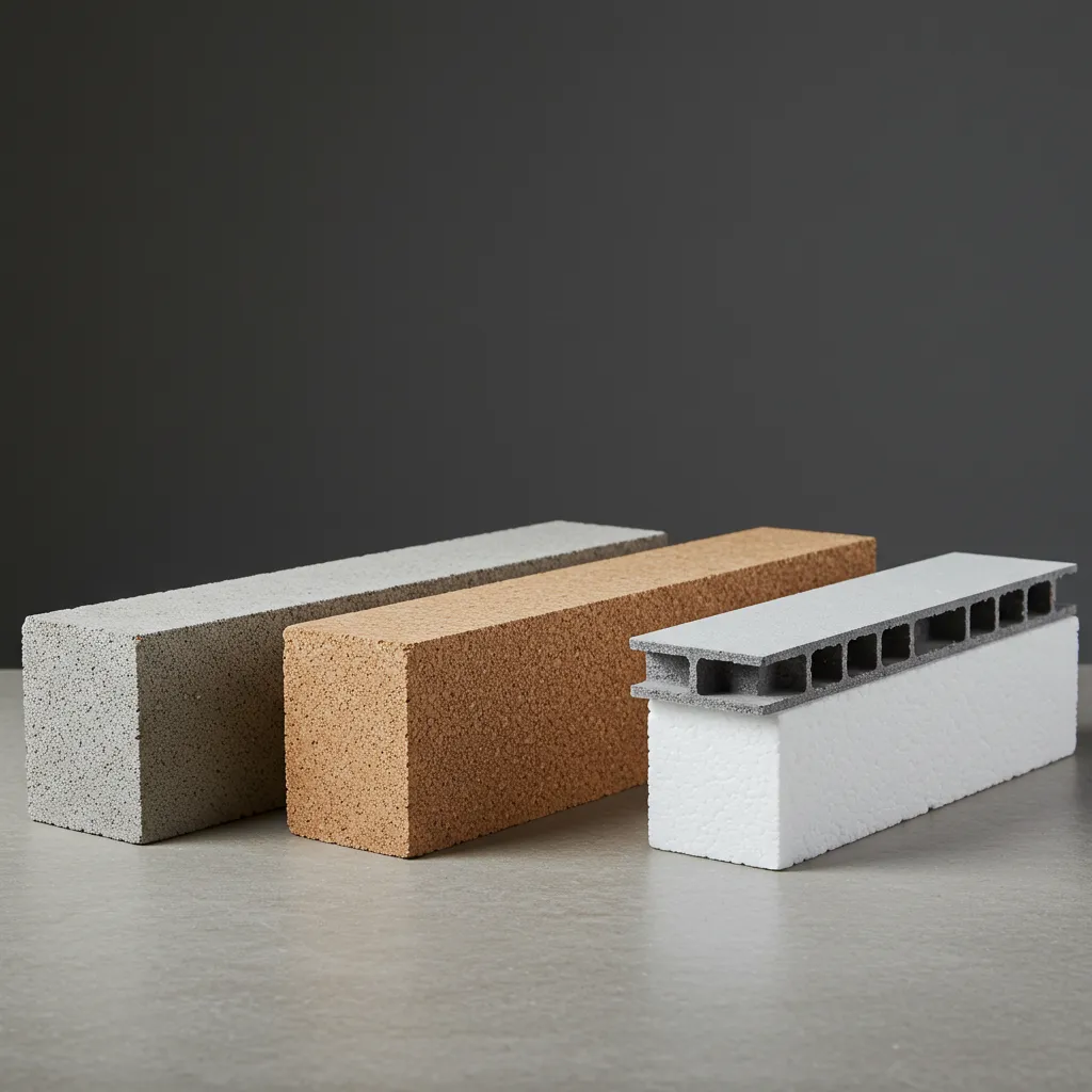 Comparaison des quatre types d'hourdis : béton, bois, plastique recyclé et polystyrène, disposés côte à côte