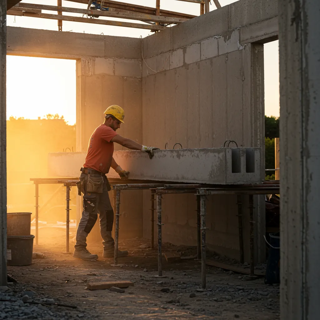Ouvrier posant une poutrelle béton sur des étais temporaires lors de la construction d'un plancher