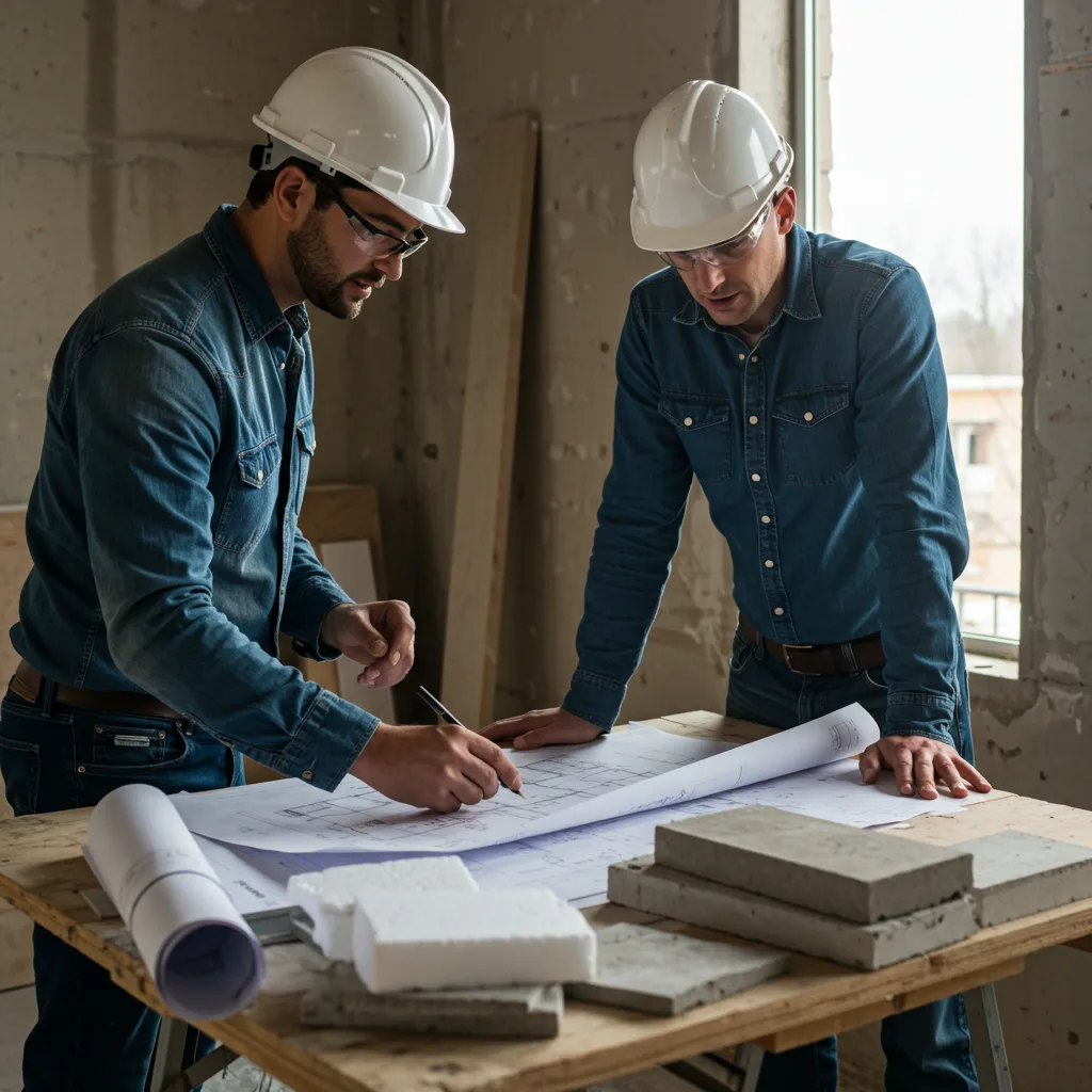 Entrepreneur et maître d'ouvrage comparant des échantillons d'hourdis et des devis sur un chantier