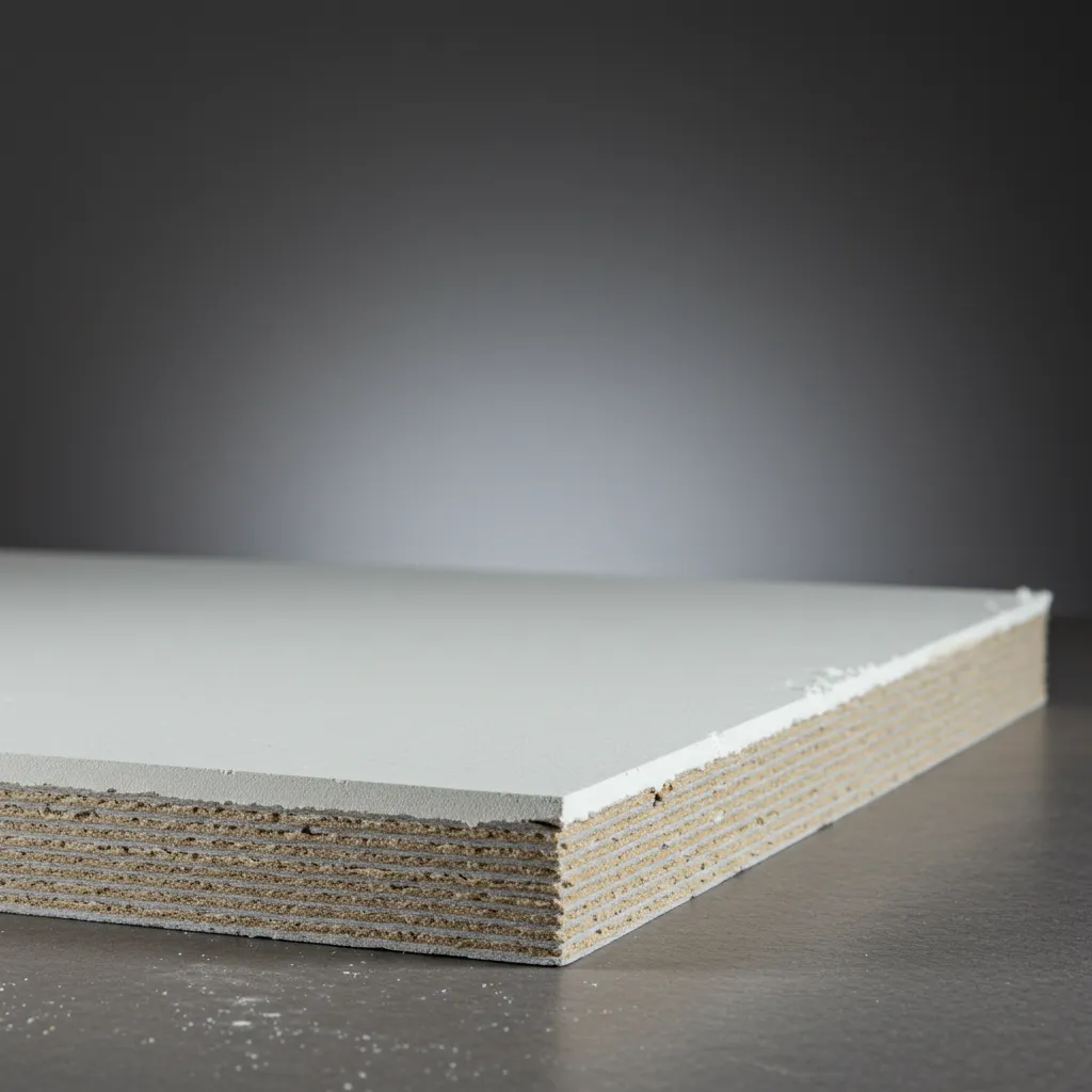 Coupe transversale d'une plaque de plâtre BA13 révélant le cœur en plâtre et les feuilles de carton