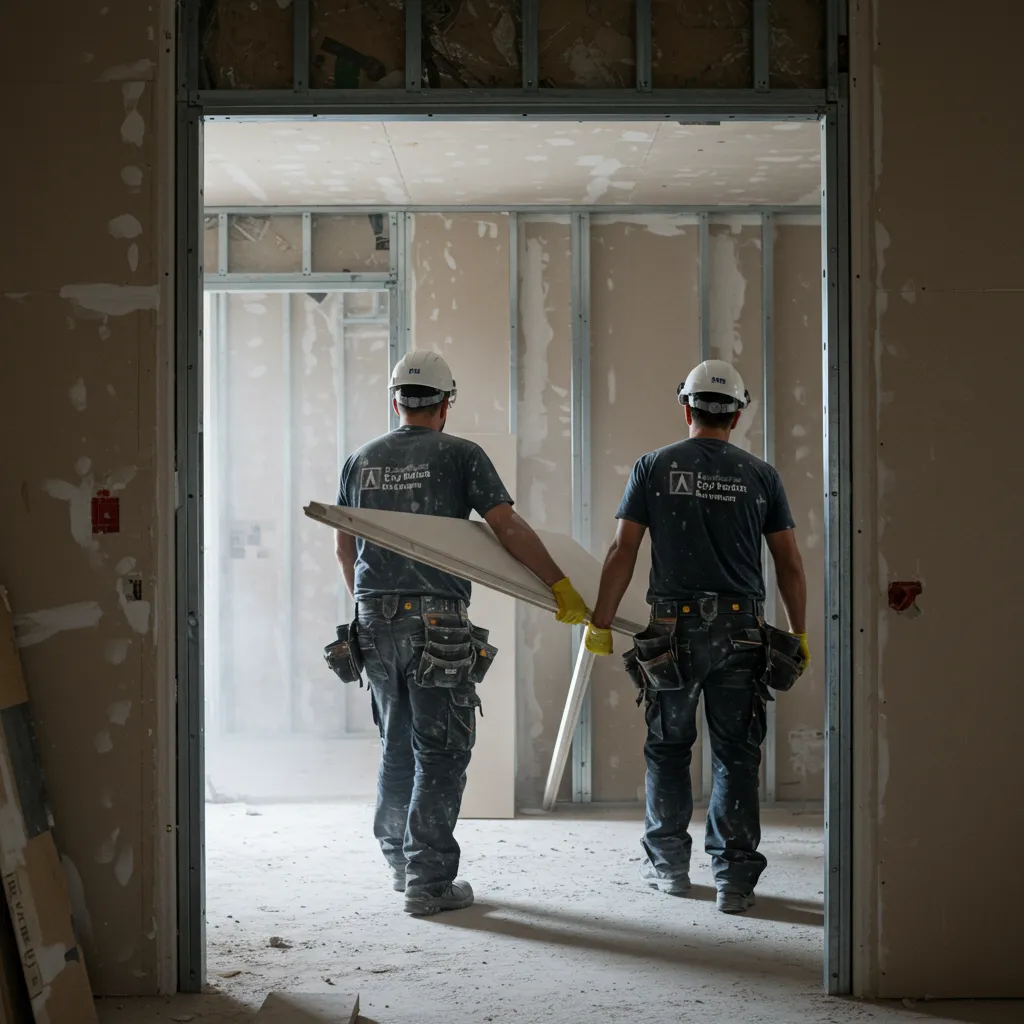 Deux ouvriers portant une plaque de plâtre lourde sur un chantier de rénovation intérieure