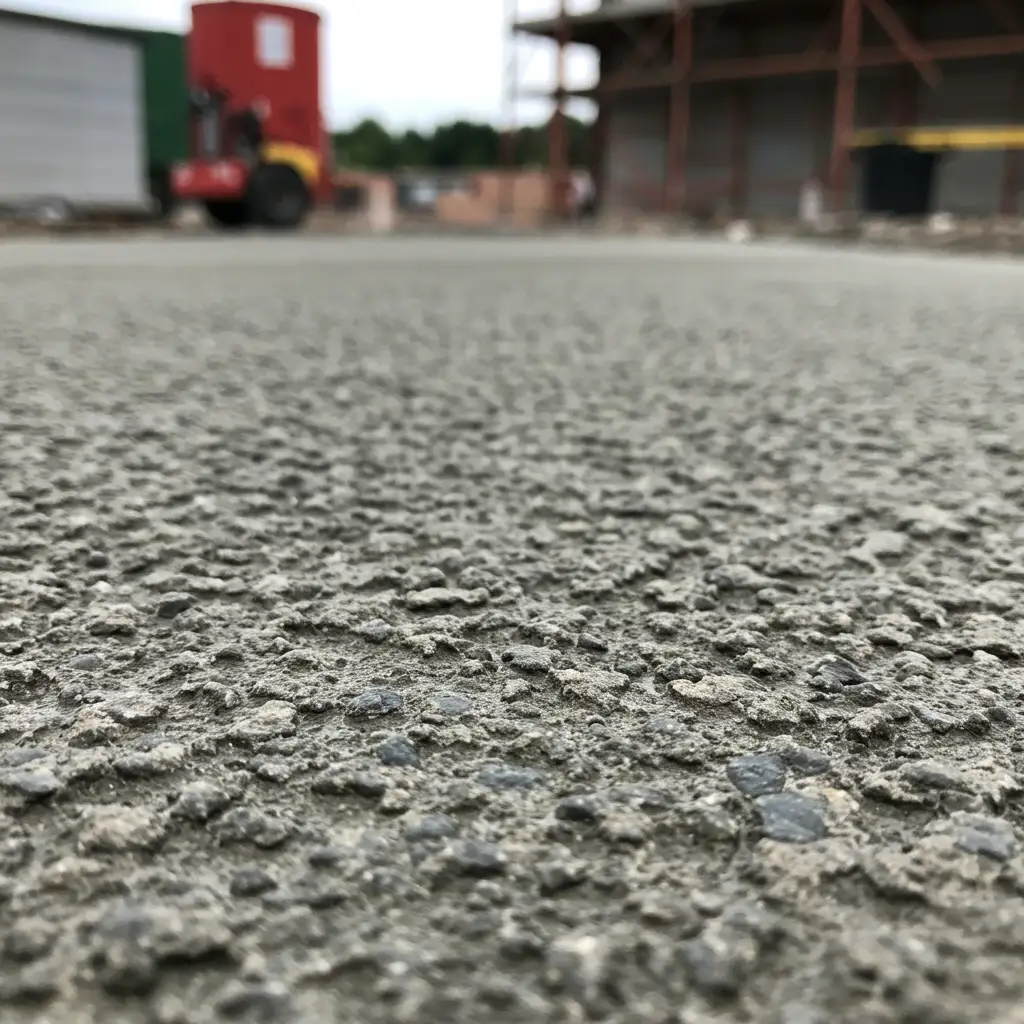 Gros plan sur la texture d'une fondation en béton frais montrant la réaction d'hydratation en cours