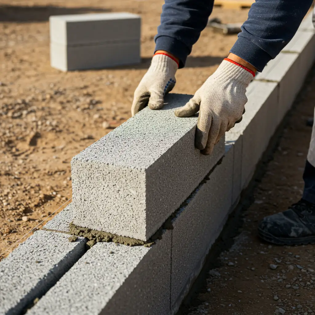 Pose des premiers rangs de parpaings sur une fondation en béton avec joint de mortier visible