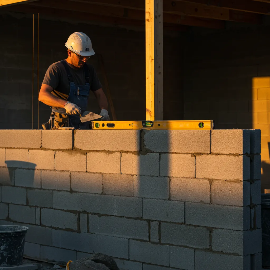 Maçon professionnel montant un mur de parpaings progressivement sur chantier avec niveau à bulle