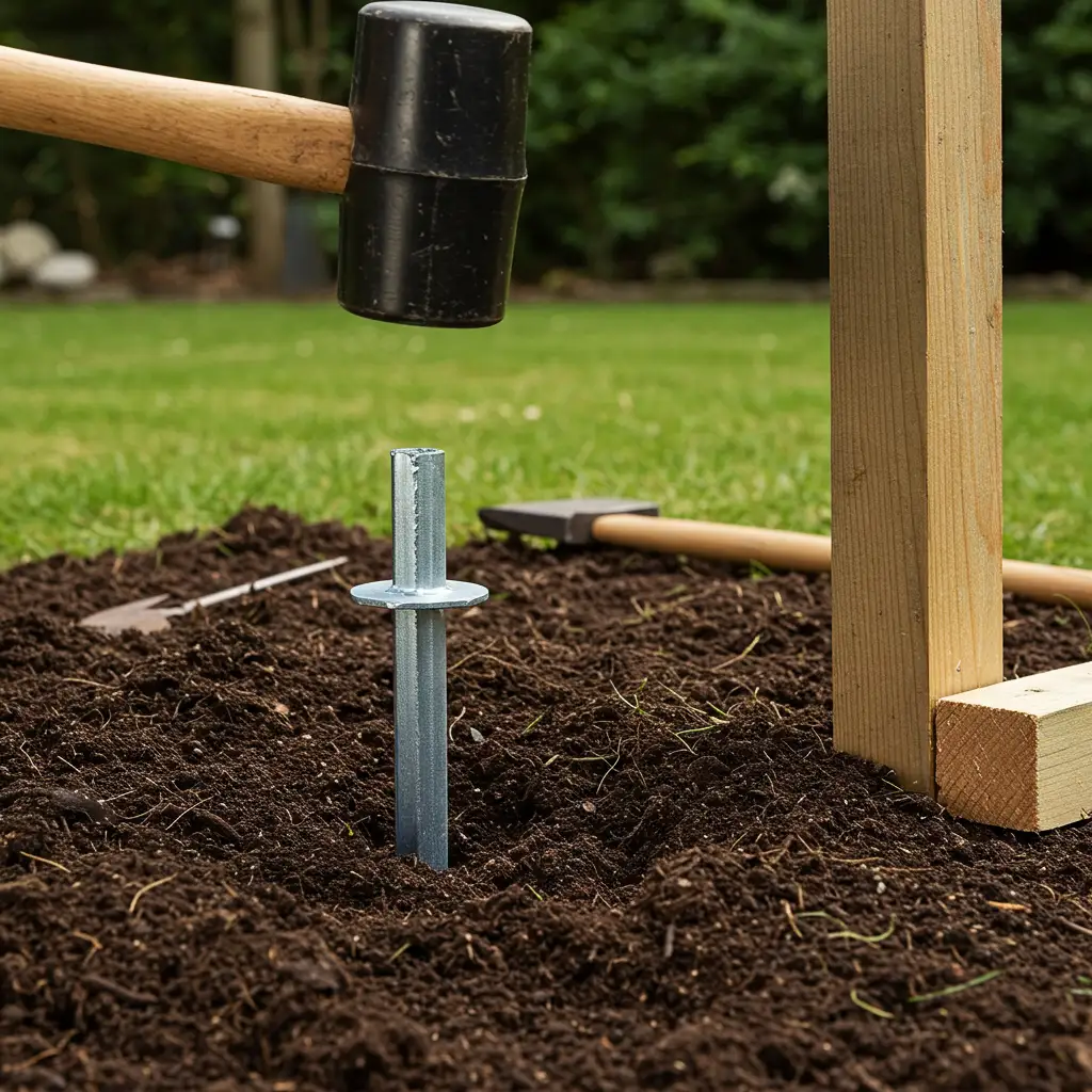 Ancre métallique galvanisée enfoncée dans le sol d'un jardin pour la pose de panneaux bois sans béton