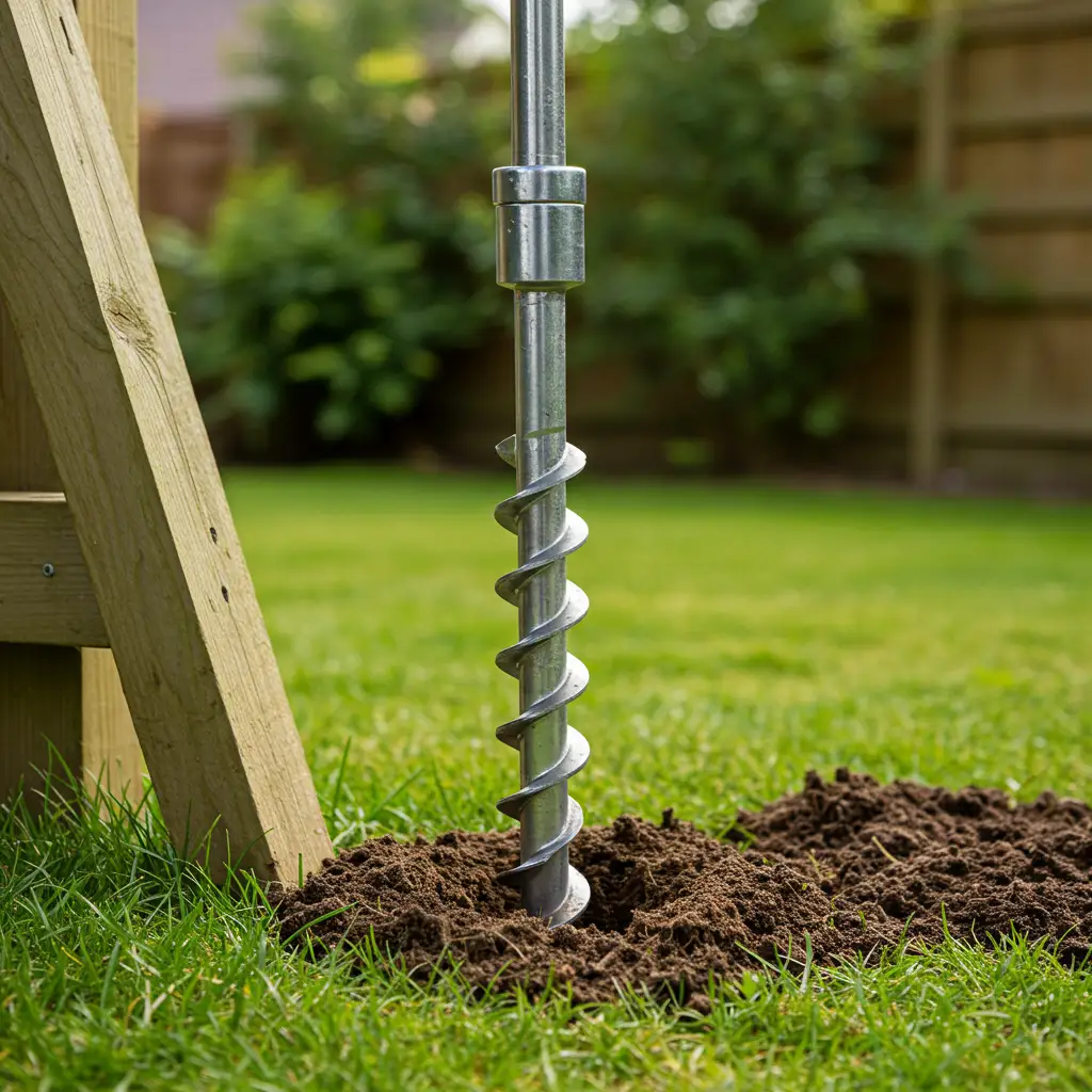 Vis de fondation hélicoïdale vissée dans le sol du jardin pour la fixation de panneaux bois sans béton en zone venteuse