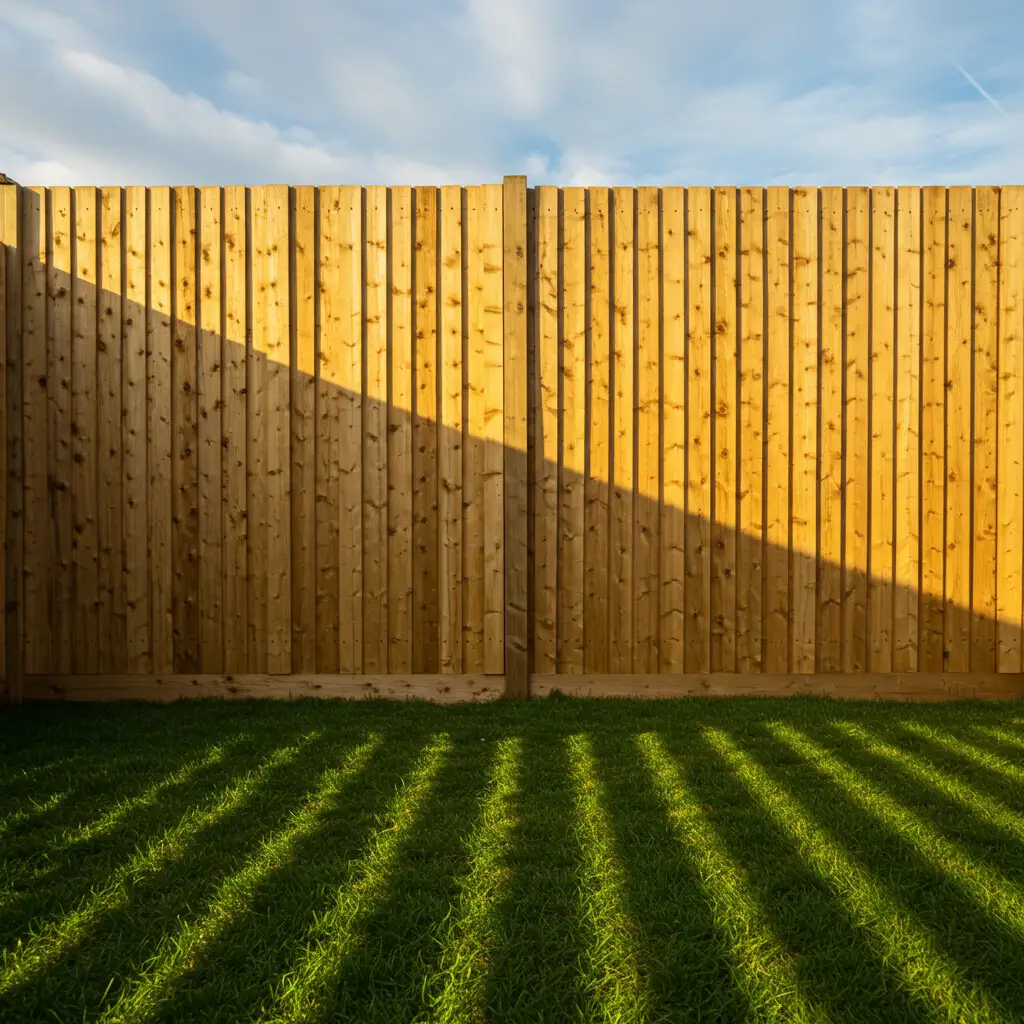 Clôture en panneaux bois parfaitement posée sans béton, vue en contre-plongée sous la lumière dorée du soir