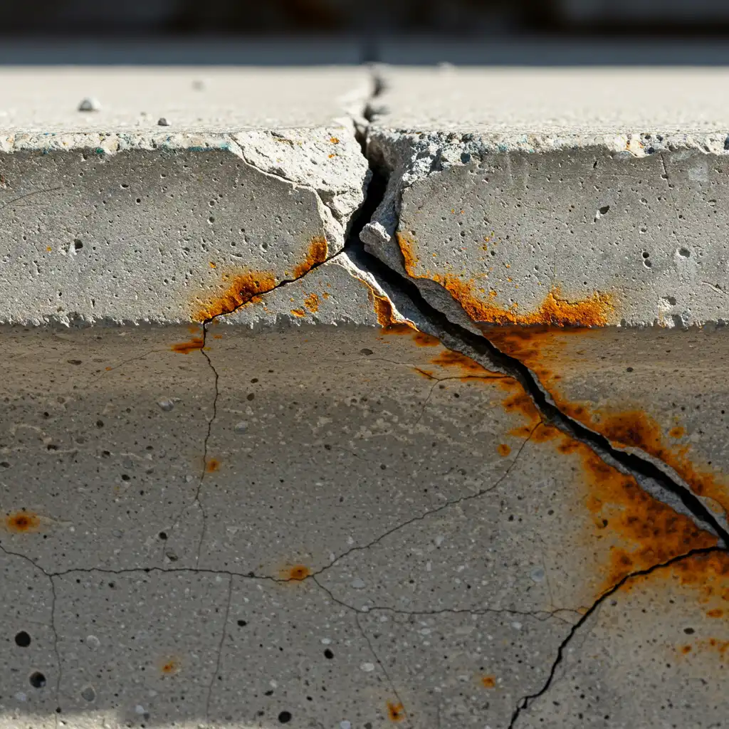 Gros plan d'une fissure diagonale à 45° sur une poutre en béton avec traces de rouille, signe d'alarme structurel