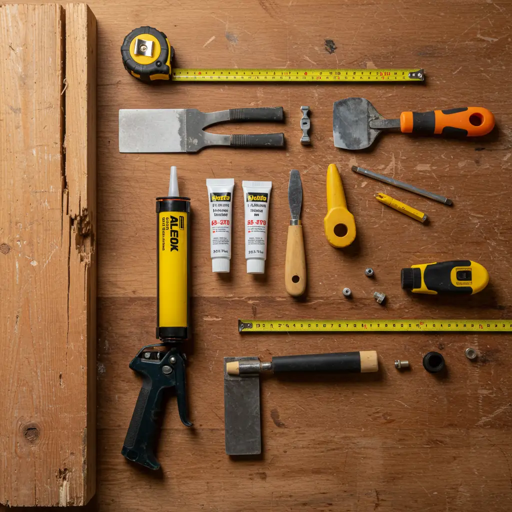 Outils de réparation DIY pour poutre fissurée disposés sur un établi : résine époxy, pistolet à mastic et spatule