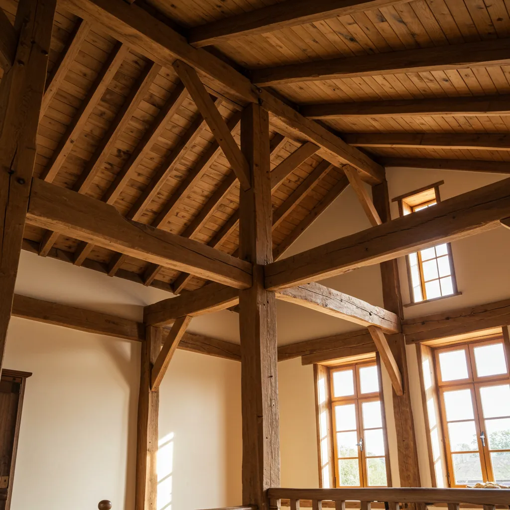 Charpente en bois restaurée avec poutres apparentes solides dans une maison ancienne rénovée, résultat d'une réparation professionnelle réussie