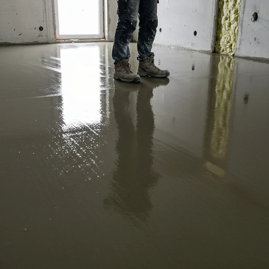 Surface lisse et plane d'une chape liquide anhydrite fraîchement posée sur un chantier résidentiel