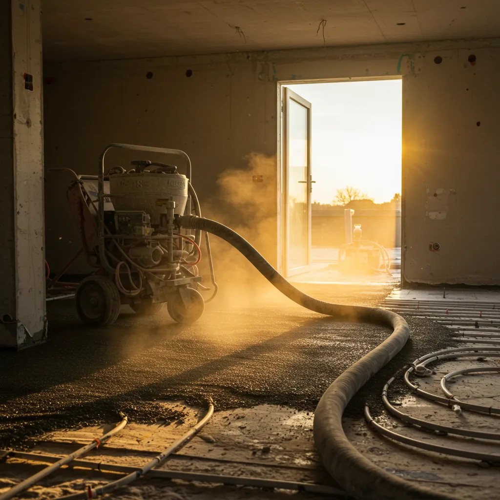 Pompe à chape liquide et tuyau flexible utilisés pour le coulage d'une chape fluide sur chantier