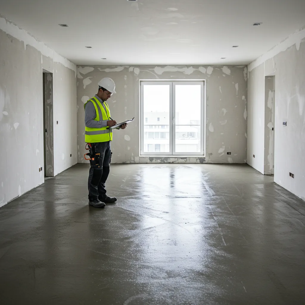 Professionnel du bâtiment consultant un devis de chape liquide dans une pièce en rénovation