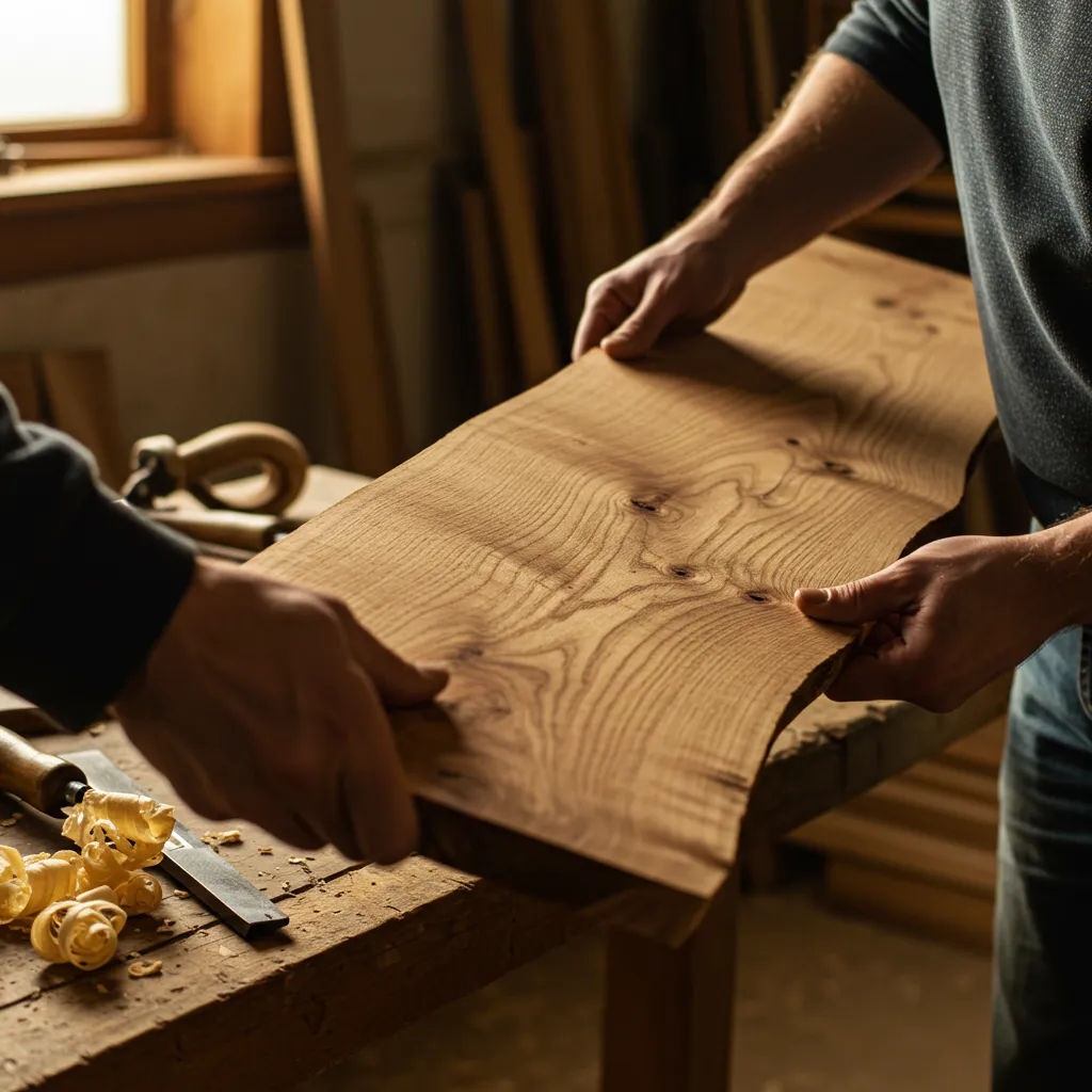 Artisan ébéniste inspectant un plateau d'orme dans son atelier, mettant en valeur le veinage ondulé caractéristique de cette essence