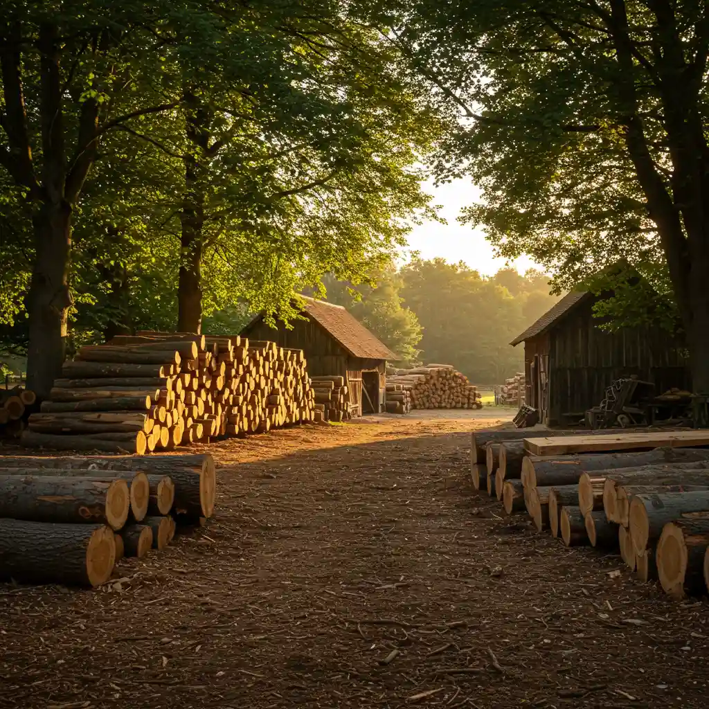 Cour d'une scierie artisanale en milieu rural avec des grumes et plateaux d'orme stockés en plein air, circuit court d'approvisionnement en bois