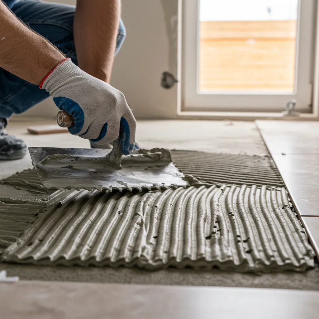 Gros plan sur l'application de colle à carrelage avec une spatule crantée lors d'une pose collée