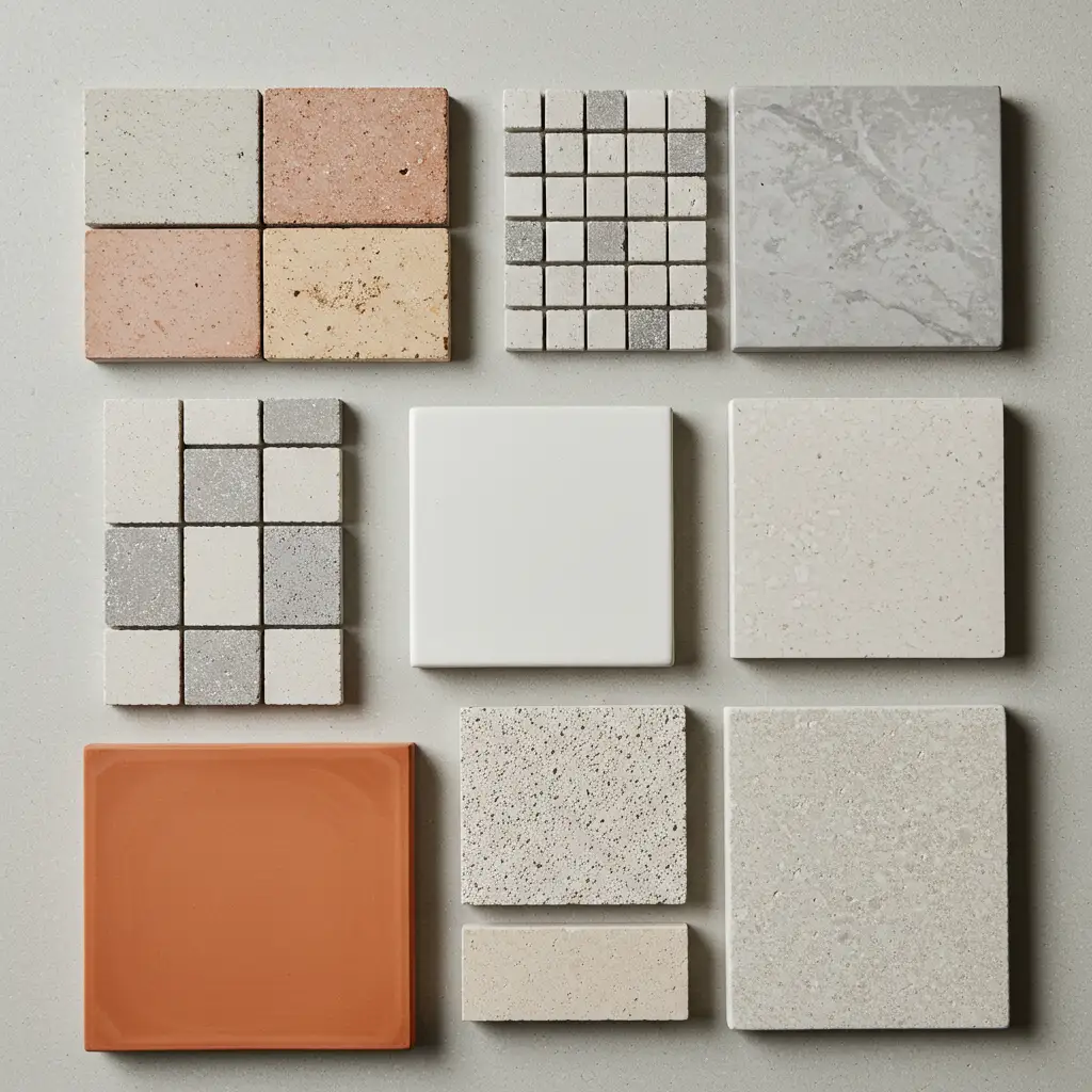 Vue de dessus d'un assortiment d'échantillons de carrelage de différents matériaux : faïence, grès cérame, pierre naturelle et carreaux de ciment