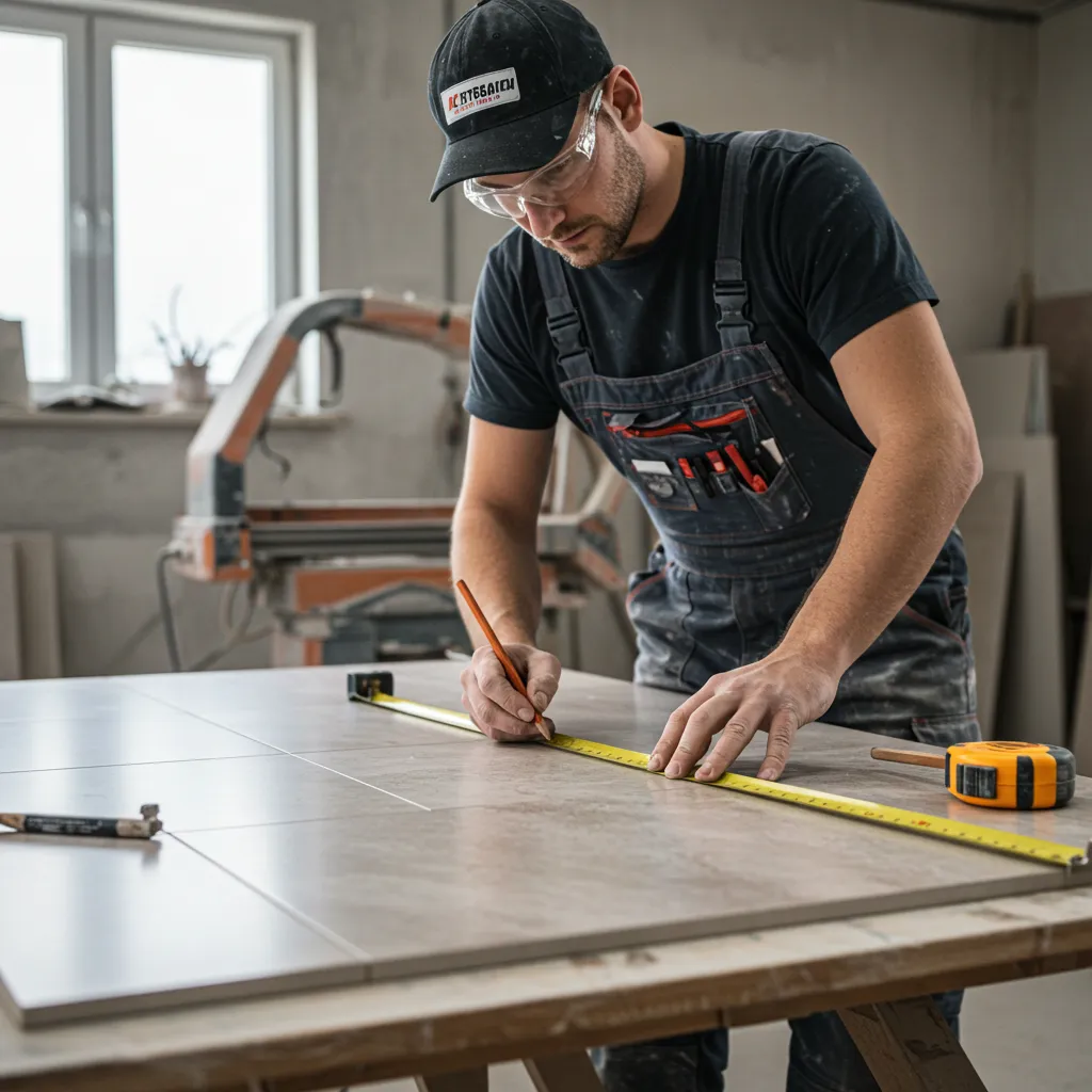 Carreleur professionnel mesurant et traçant une dalle de grès cérame avant découpe sur un chantier de rénovation